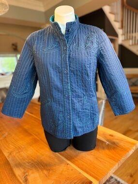 Chico’s Coastal Chic Quilted Jacket Navy/Teal Embroidered (VGUC)